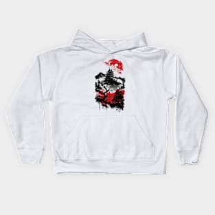 old Japanese castle - red & black print Kids Hoodie